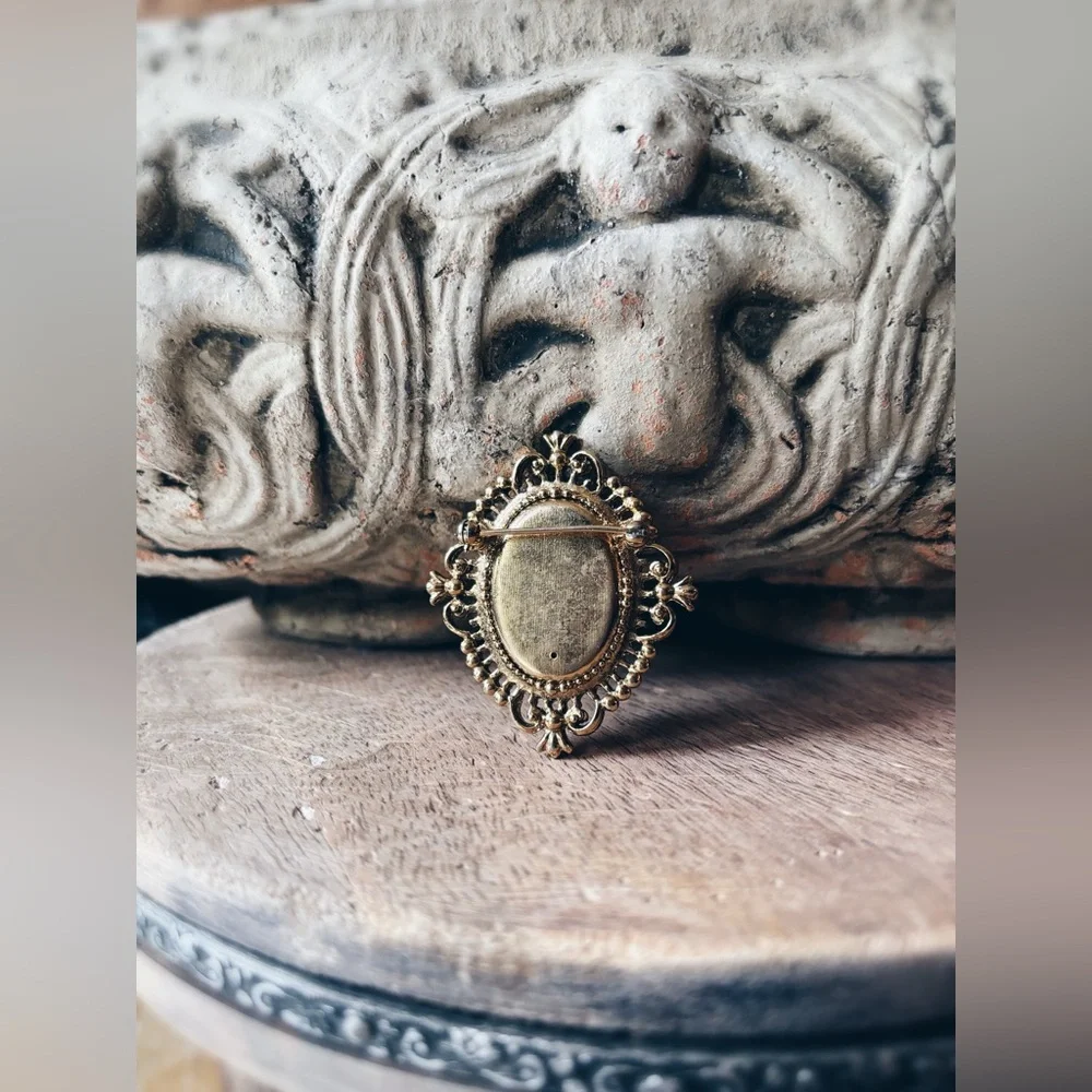Vintage 1960s Avon Cameo Brooch Locket Gold Tone & Resin